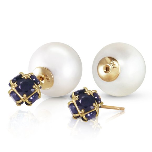 Galaxy Gold Products Jewelry - 14K. GOLD TRIBAL DOUBLE SHELL PEARLS AND SAPPHIRES STUD EARRINGS (Yellow Gold)